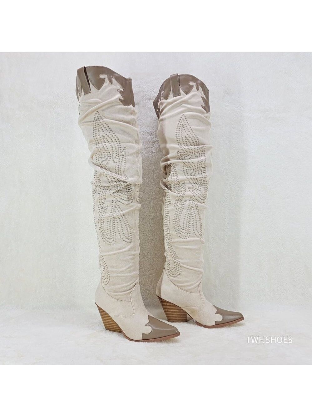 Iconic Western Thigh high Cowgirl Boots Cream - Picture 7 of 12